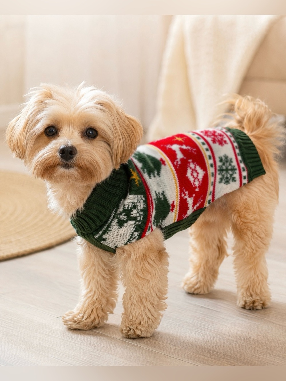 Holiday Knit Dog Sweater - Green & Red Festive Design Size S